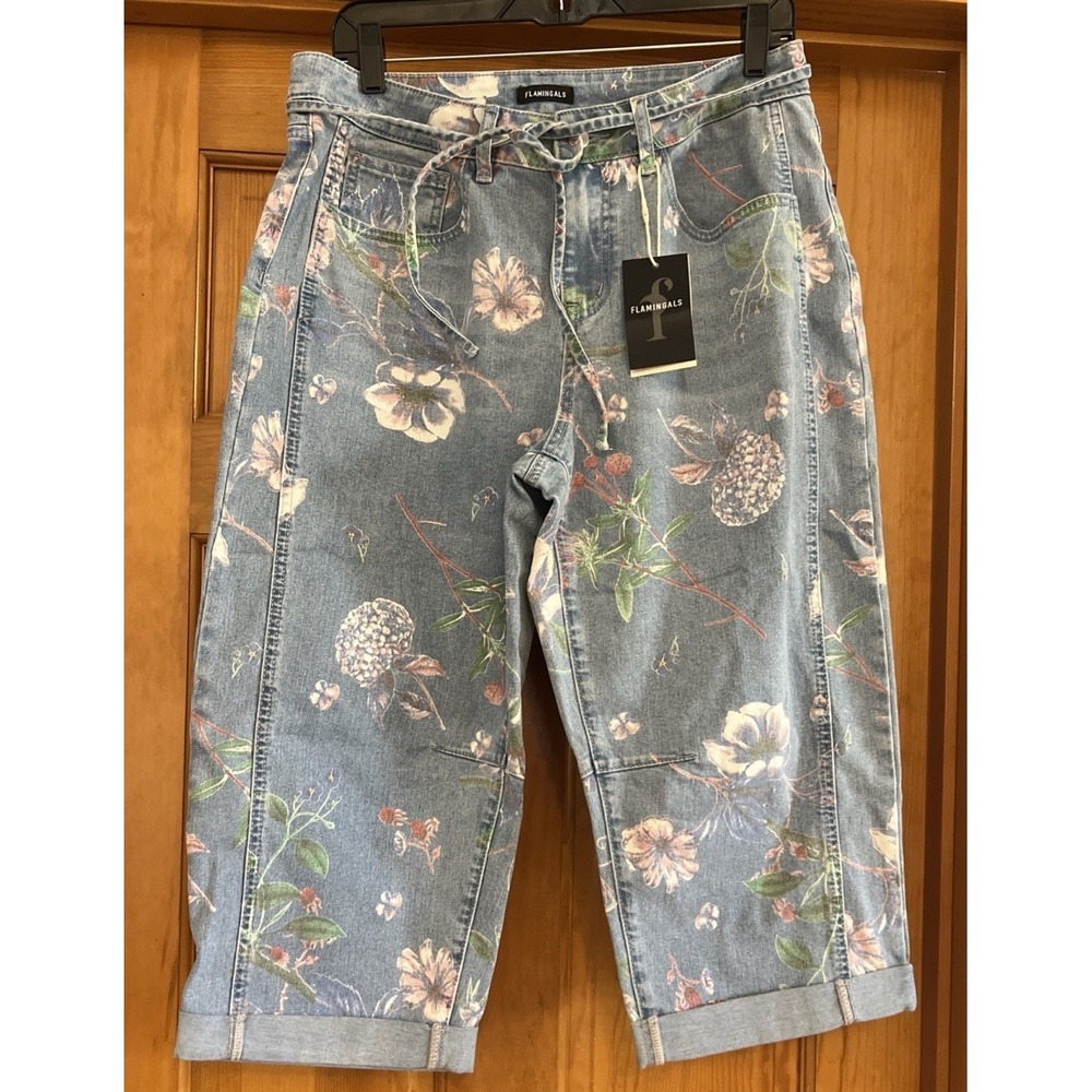 Flamingals Women's Floral Drawstring Stitch Detail Mid Barrel Leg Capri Sz XL